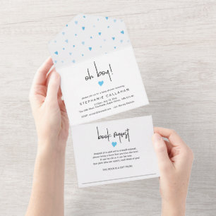 Chic Blue Heart Boy Baby shower and Book Request All In One Uitnodiging