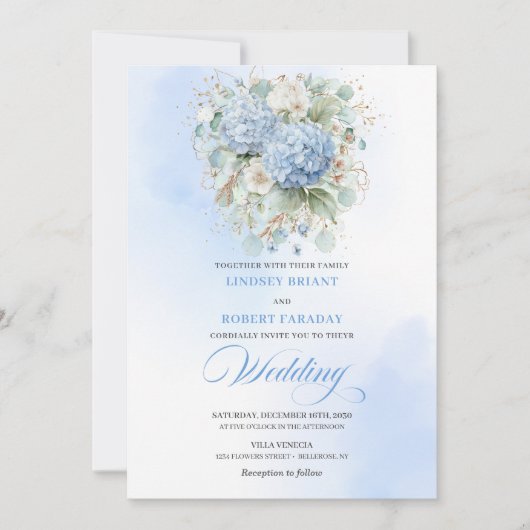 Chic Blue Hydrangea Botanical Wedding Invitation (Devant)
