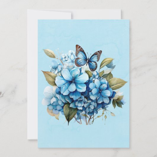 Chic Blue Hydrangea Butterfly Faire-part de mariag (Dos)