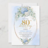 Chic Blue Hydrangea Eucalyptus 80th Birthday Invit Kaart (Voorkant)