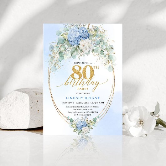 Chic Blue Hydrangea Eucalyptus 80th Birthday Invit Kaart