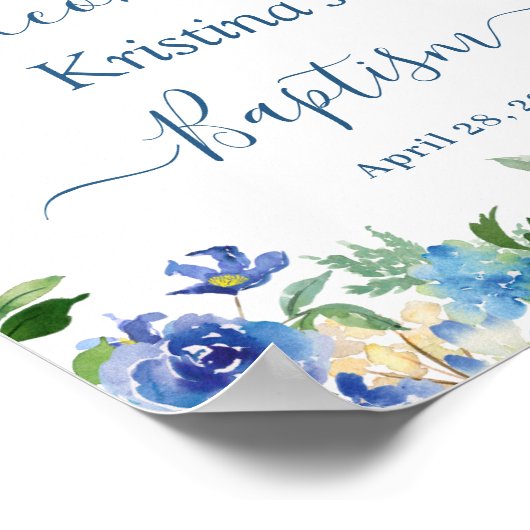 Chic Blue Hydrangea Floral Baptism Affiche de bien (Coin)