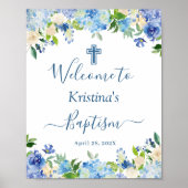 Chic Blue Hydrangea Floral Baptism Affiche de bien (Devant)