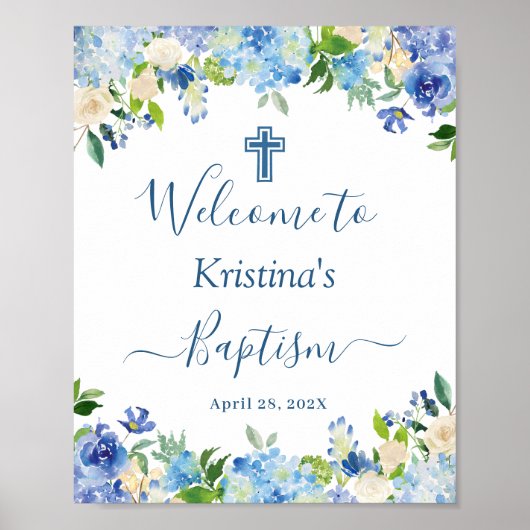 Chic Blue Hydrangea Floral Baptism Affiche de bien (Devant)