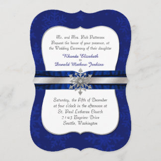 Chic Blue Jeweled Snowflake Wedding Invitation Kaart