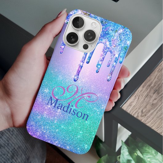 Chic blue paarse ombre glitter druppelt monogram Case-Mate iPhone case