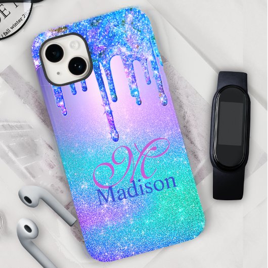 Chic blue paarse ombre glitter druppelt monogram Case-Mate iPhone case