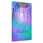 Chic blue paarse ombre glitter druppelt monogram klembord (Rechts)
