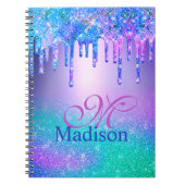 Chic blue paarse ombre glitter druppelt monogram notitieboek (Voorkant)