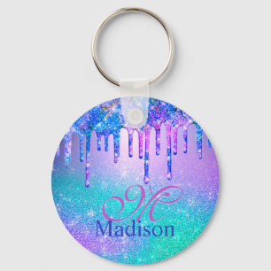 Chic blue paarse ombre glitter druppelt monogram sleutelhanger