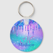 Chic blue paarse ombre glitter druppelt monogram sleutelhanger (Achterkant)