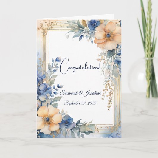 Chic Blue Peach Bloemen Gepersonaliseerde bruiloft Kaart (Voorkant)