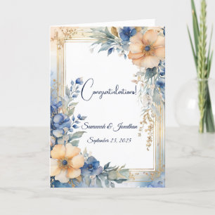 Chic Blue Peach Bloemen Gepersonaliseerde bruiloft Kaart