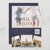 Chic Blue Photo Wedding nodigt QR Code Save Date u Kaart (Voorkant / Achterkant)