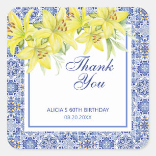 Chic Blue Portugees Azulejo Gele Lelie Bedankt Vierkante Sticker