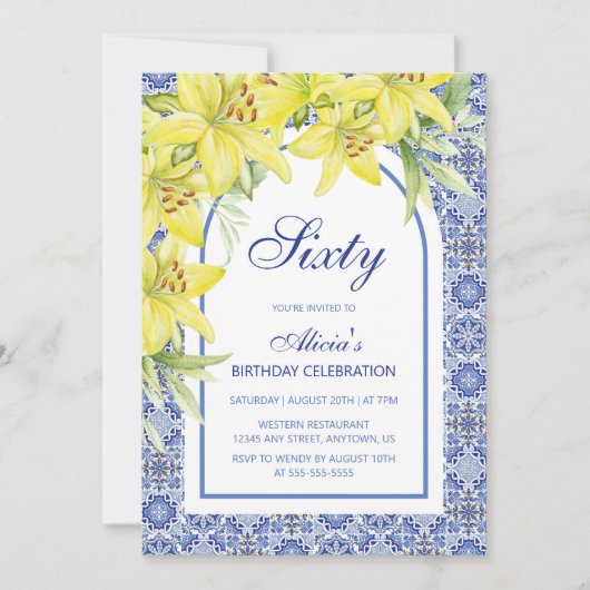 Chic Blue Portugese Azulejo Lily 60ste verjaardag Kaart (Voorkant)