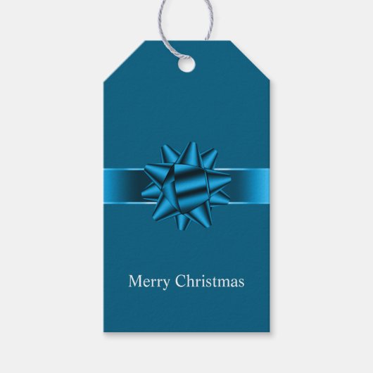 Chic Blue Ribbon en Bow Christmas Cadeaulabel (Voorkant)