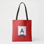 Chic Blue Ribbon Red Polka Dot Pattern Monogram Draagtas (Voorkant)