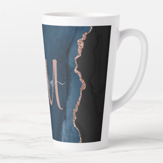 Chic Blue Roos Gold Agate Custom Script Monogram Latte Mok (Rechts)