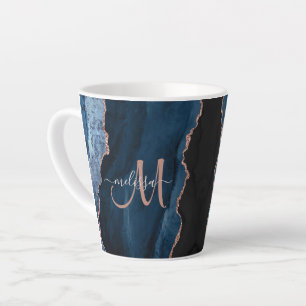 Chic Blue Roos Gold Agate Custom Script Monogram Latte Mok