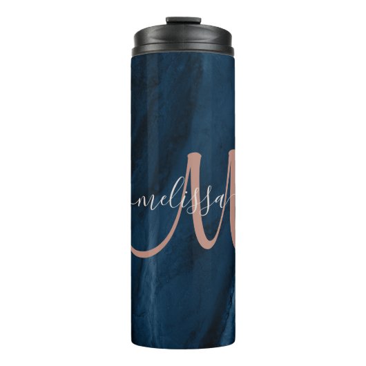 Chic Blue Roos Gold Agate Script Monogram aangepas Thermosbeker (Voorkant)