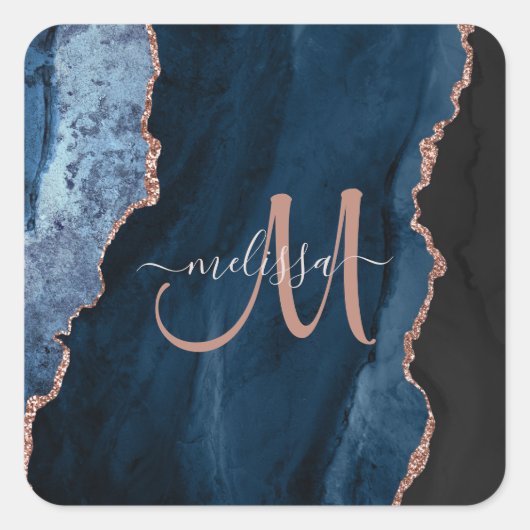 Chic Blue Roos Gold Agate Script Monogram aangepas Vierkante Sticker (Voorkant)