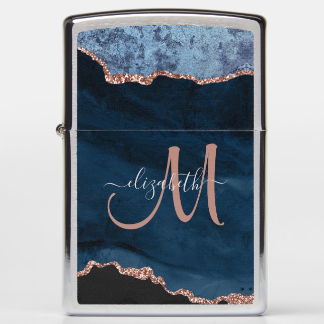 Chic Blue Roos Gold Glitter Agate Custom Monogram (Voorkant)