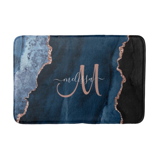 Chic Blue Roos Gold Glitter Agate Custom Monogram Badmat (Voorkant)