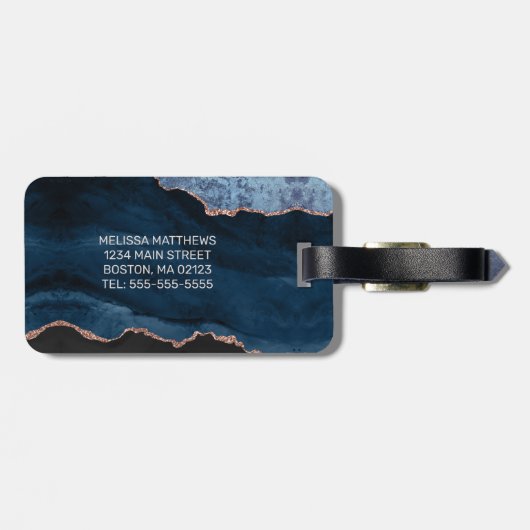 Chic Blue Roos Gold Glitter Agate Custom Monogram Bagagelabel (Achterkant horizontaal)