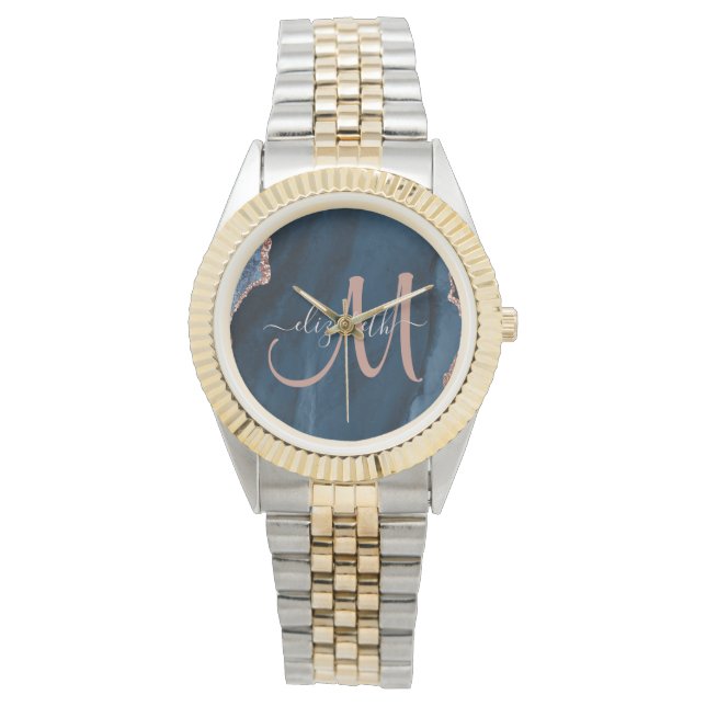 Chic Blue Roos Gold Glitter Agate Custom Monogram Horloge (Voorkant)