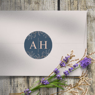 Chic Blue & Roos Gold Monogram Huwelijk Ronde Sticker