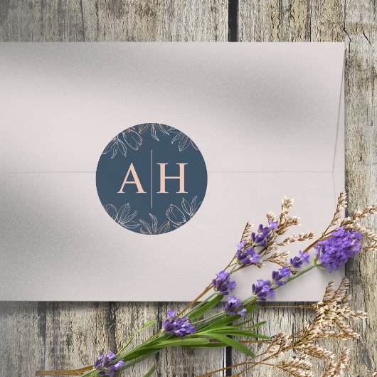 Chic Blue & Roos Gold Monogram Huwelijk Ronde Sticker
