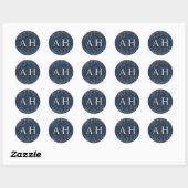 Chic Blue & Roos Gold Monogram Huwelijk Ronde Sticker (Vel)