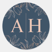 Chic Blue & Roos Gold Monogram Huwelijk Ronde Sticker (Voorkant)