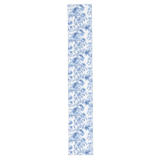 Chic Blue Roses Toile Floral Pattern Style Table Lange Tafelloper (Voorkant)