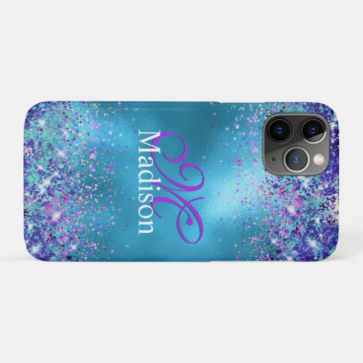 Chic Blue roze irdescent glitter monogram Case-Mate iPhone Case (Achterkant (horizontaal))