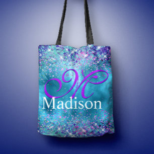 Chic Blue roze irdescent glitter monogram Draagtas