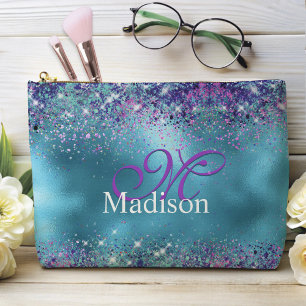 Chic Blue roze irdescent glitter monogram Etui