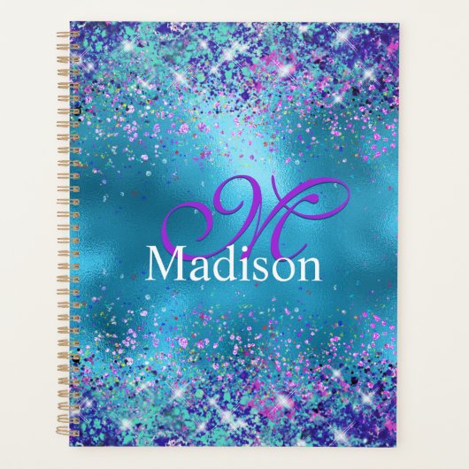 Chic Blue roze irdescent glitter monogram Planner (Voorkant)