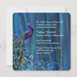 Chic Blue Satin en Peacock Wedding Invitation Kaart