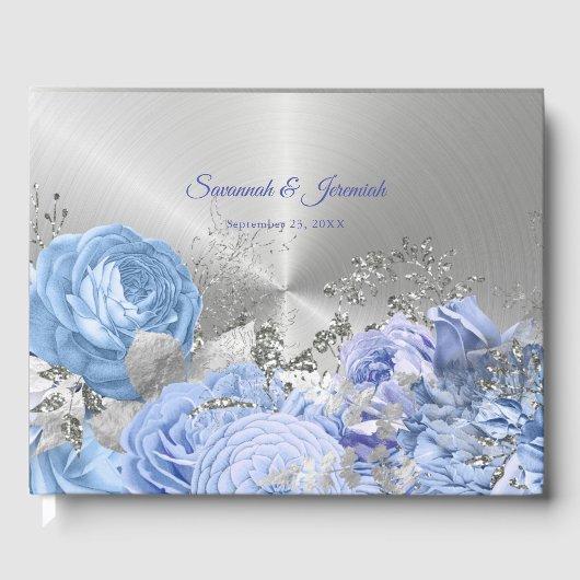 Chic Blue Silver Floral  Wedding Gastenboek (Voorkant)