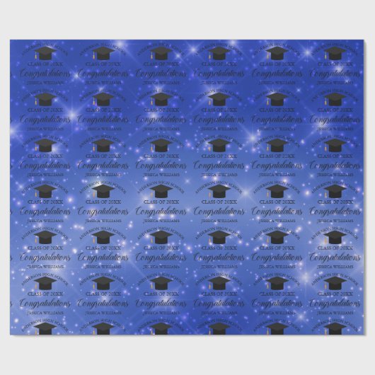 Chic Blue Sparkle Afstuderen aangepaste Afstuderen Cadeaupapier (Vlak)