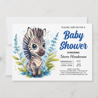 Chic Blue Surprise Zebra Boy Baby shower Kaart