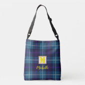 Chic Blue Tartan Persoonlijk Monogram Script Name Crossbody Tas (Achterkant)