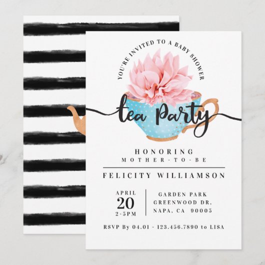 Chic Blue Teacup Tea Party Baby shower Invitation (Devant / Derrière)