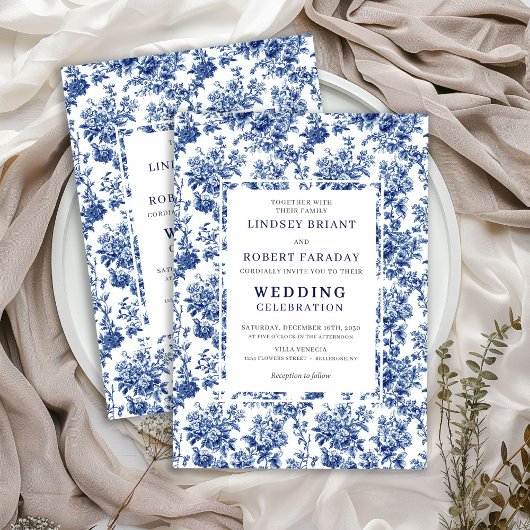 Chic Blue Toile de Jouy Elegant Wedding Invitation