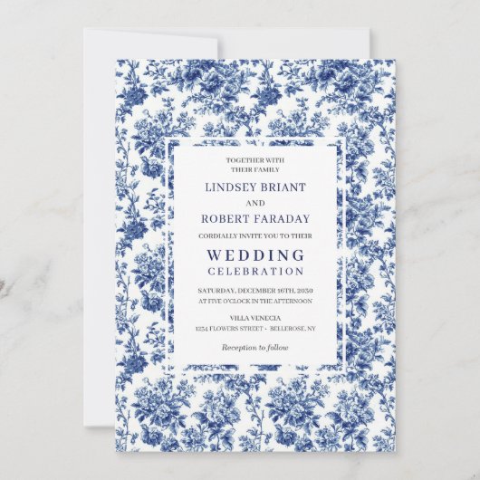 Chic Blue Toile de Jouy Elegant Wedding Invitation Kaart (Voorkant)