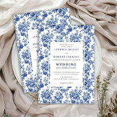 Chic Blue Toile de Jouy Elegant Wedding Invitation Kaart