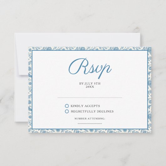 Chic Blue Toile de Jouy Floral Border Wedding RSVP Kaartje (Voorkant)