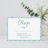 Chic Blue Toile de Jouy Floral Border Wedding RSVP Kaartje (Staand voorkant)